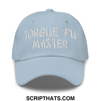 Light blue unstructured dad hat with white embroidered tongue fu master text for casual wear