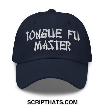 Navy blue unstructured dad hat with white embroidered tongue fu master text perfect for casual wear