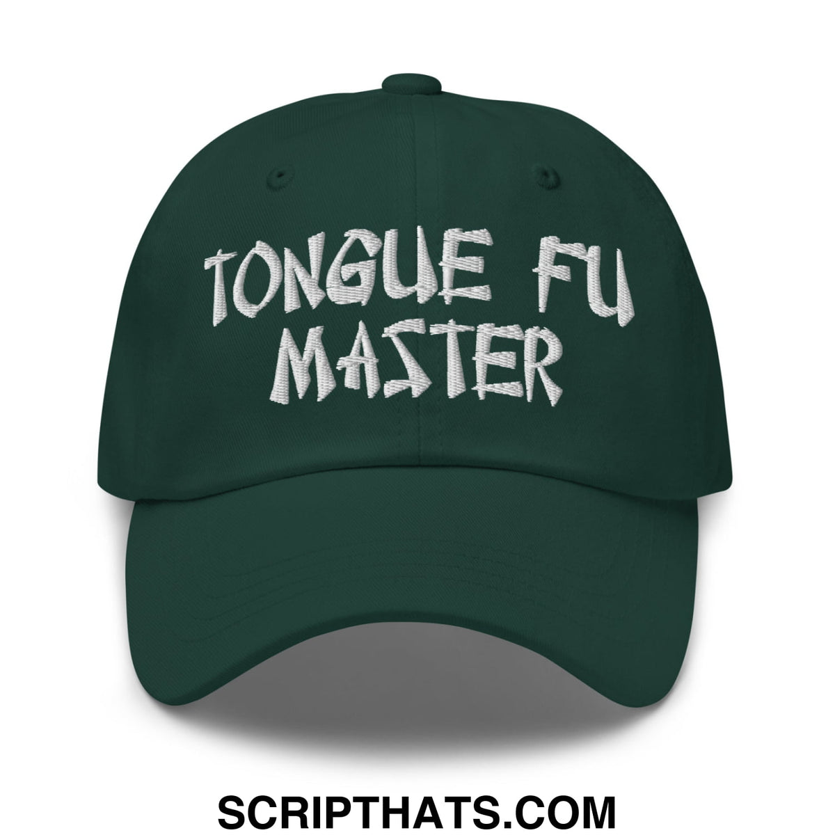 Dark green tonal fu master embroidered unstructured dad hat with white text for casual wear