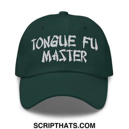 Dark green tonal fu master embroidered unstructured dad hat with white text for casual wear