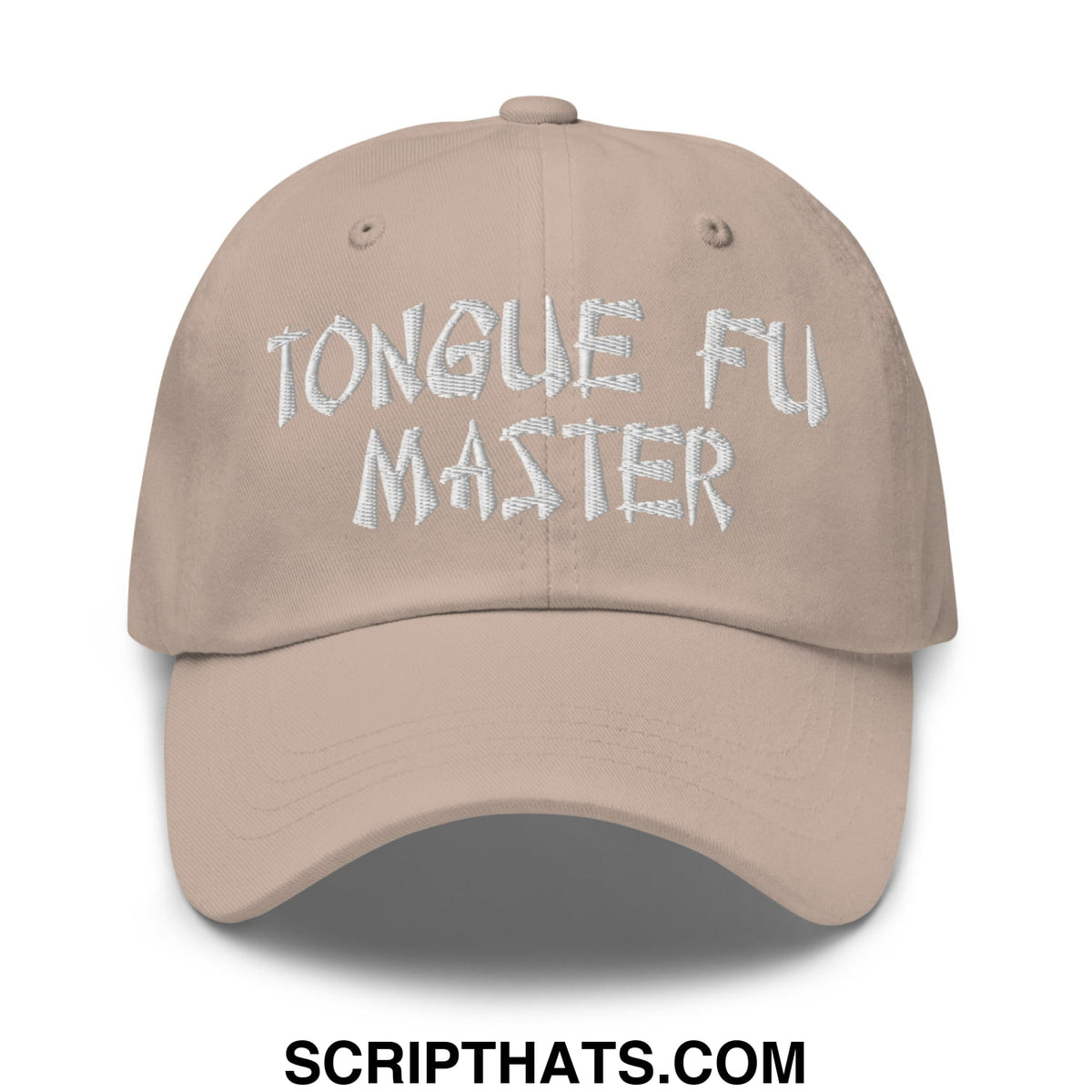 Beige unstructured dad hat with white embroidered tongue fu master text designed for casual wear