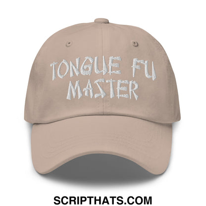 Beige unstructured dad hat with white embroidered tongue fu master text designed for casual wear