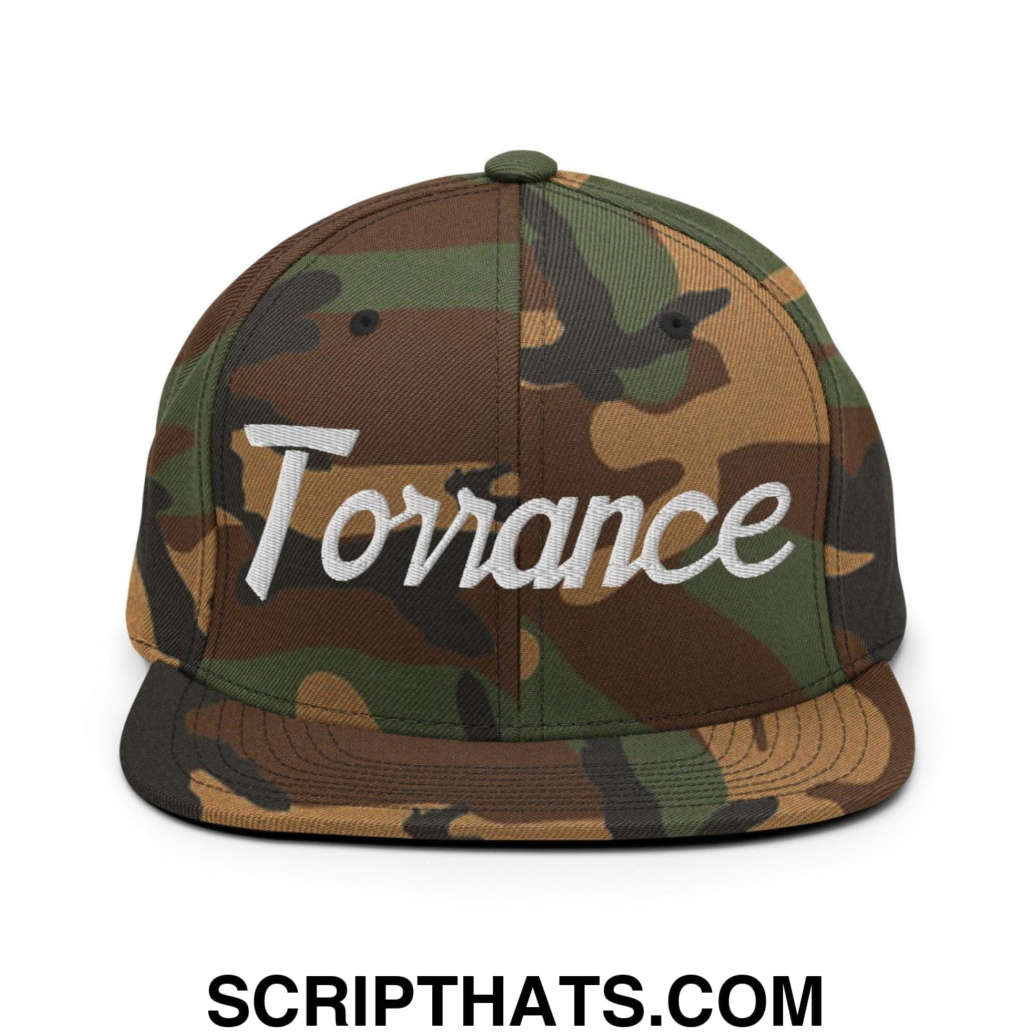 Torrance Script Snapback Hat Green Camo