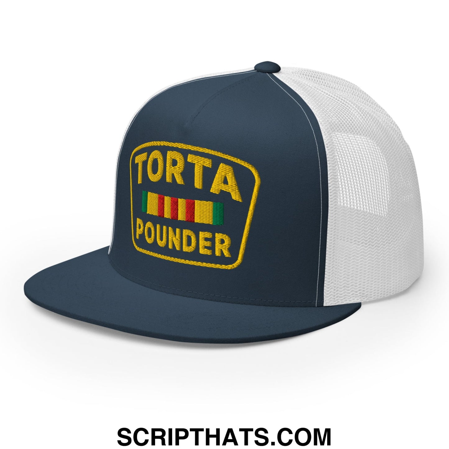 Torta Pounder Embroidered Flat Bill Brim Mesh Trucker Hat Navy White