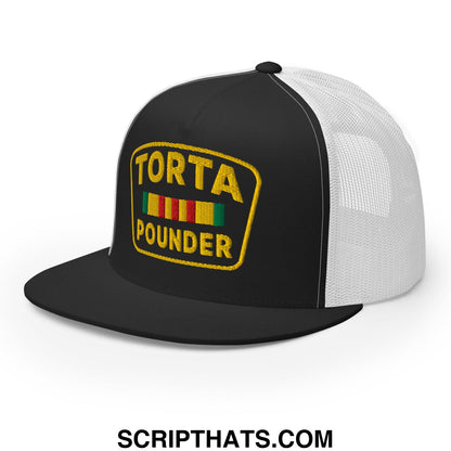Torta Pounder Embroidered Flat Bill Brim Mesh Trucker Hat Black White