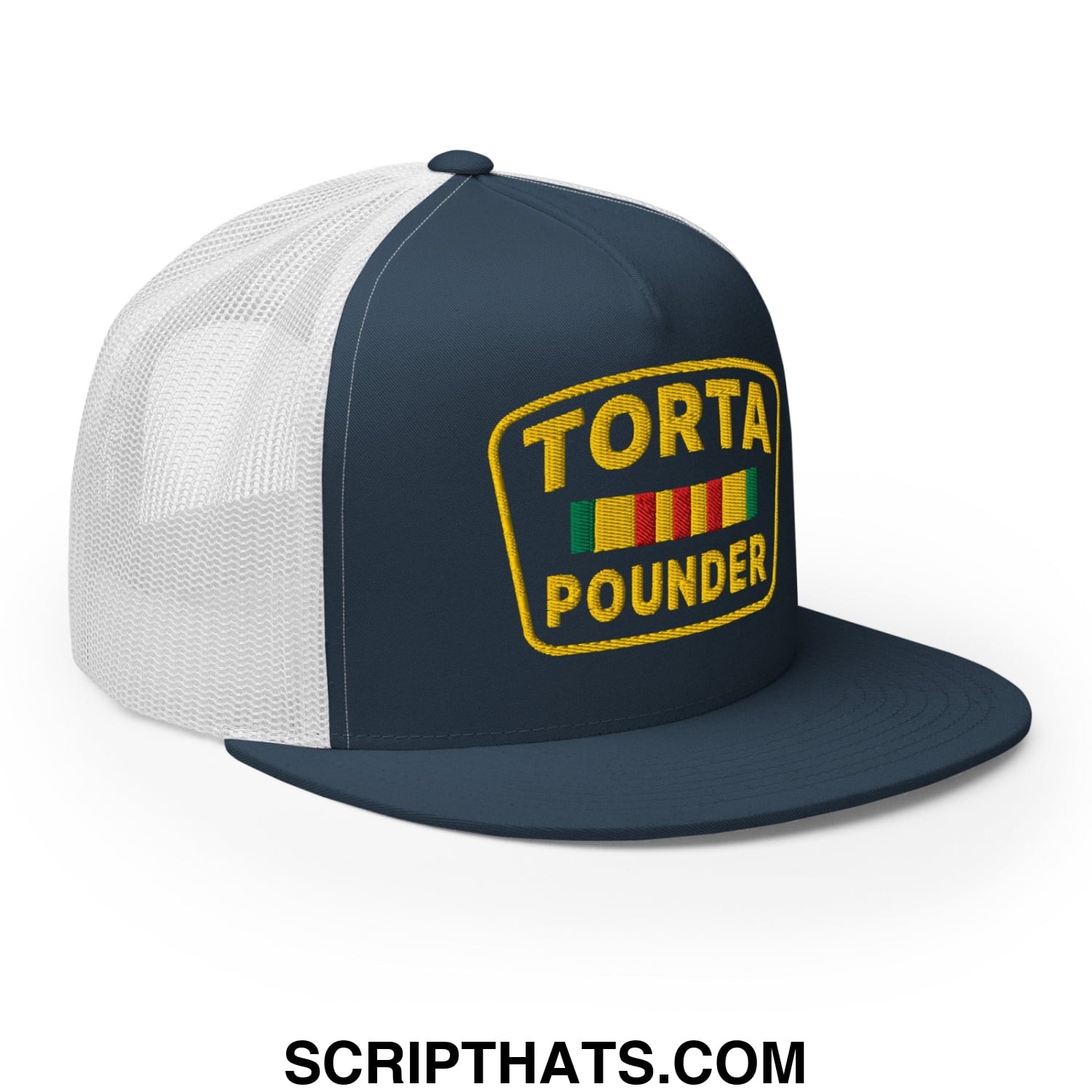 Torta Pounder Embroidered Flat Bill Brim Mesh Trucker Hat Navy White
