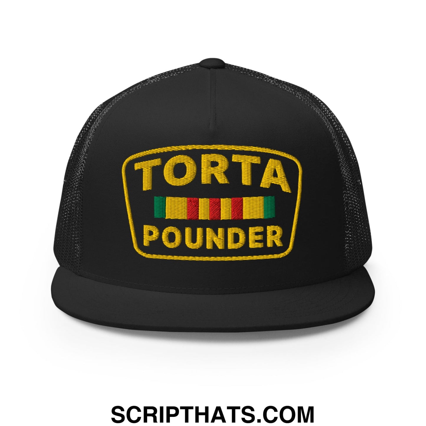 Torta Pounder Embroidered Flat Bill Brim Mesh Trucker Hat Black