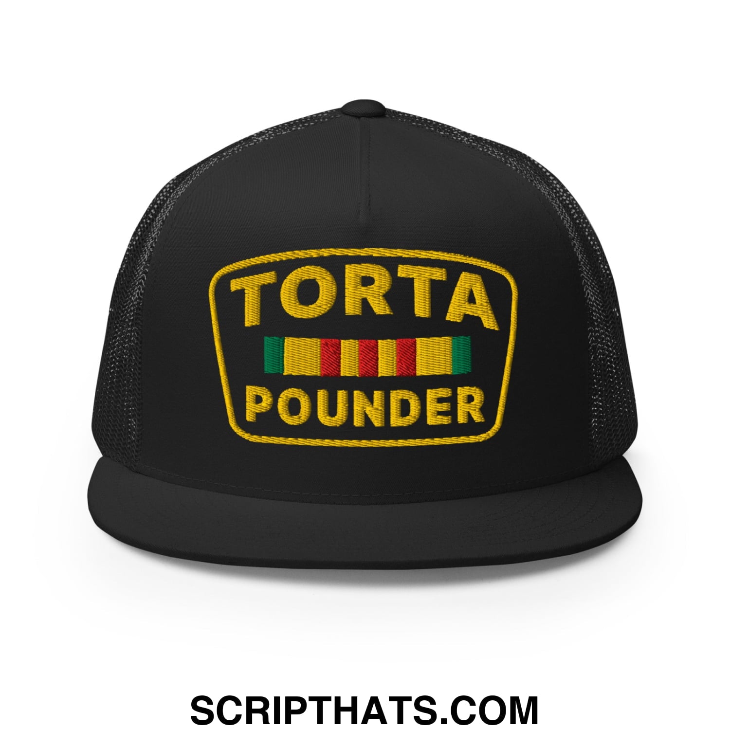 Torta Pounder Embroidered Flat Bill Brim Mesh Trucker Hat Black