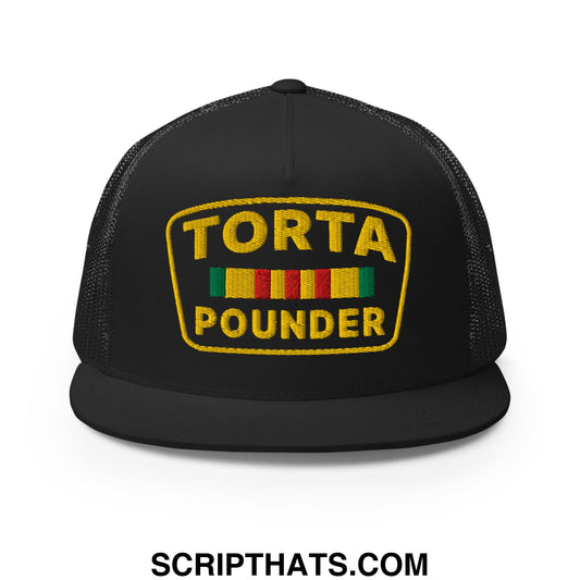 Torta Pounder Embroidered Flat Bill Brim Mesh Trucker Hat Black