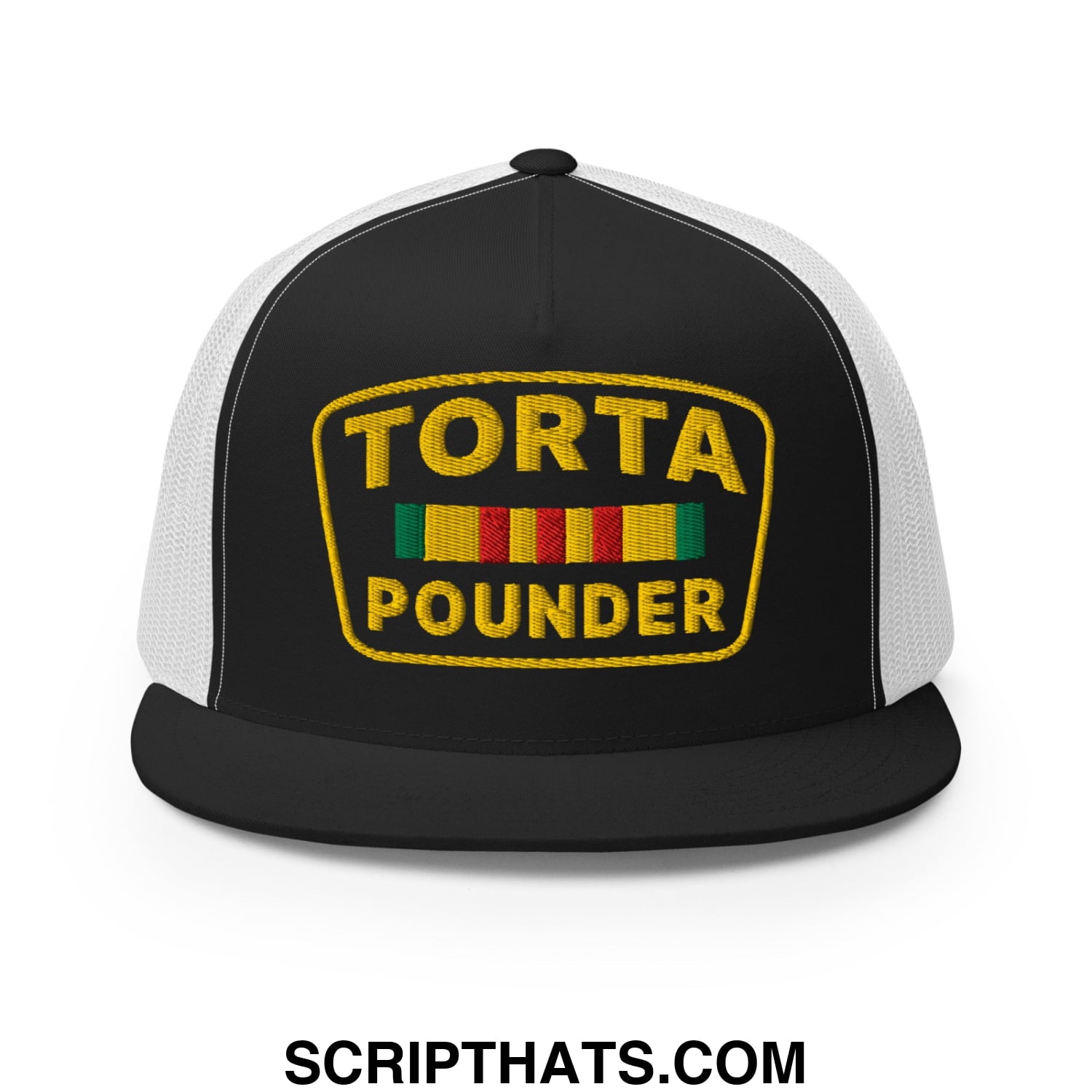Torta Pounder Embroidered Flat Bill Brim Mesh Trucker Hat Black White