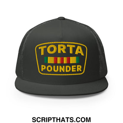 Torta Pounder Embroidered Flat Bill Brim Mesh Trucker Hat Charcoal