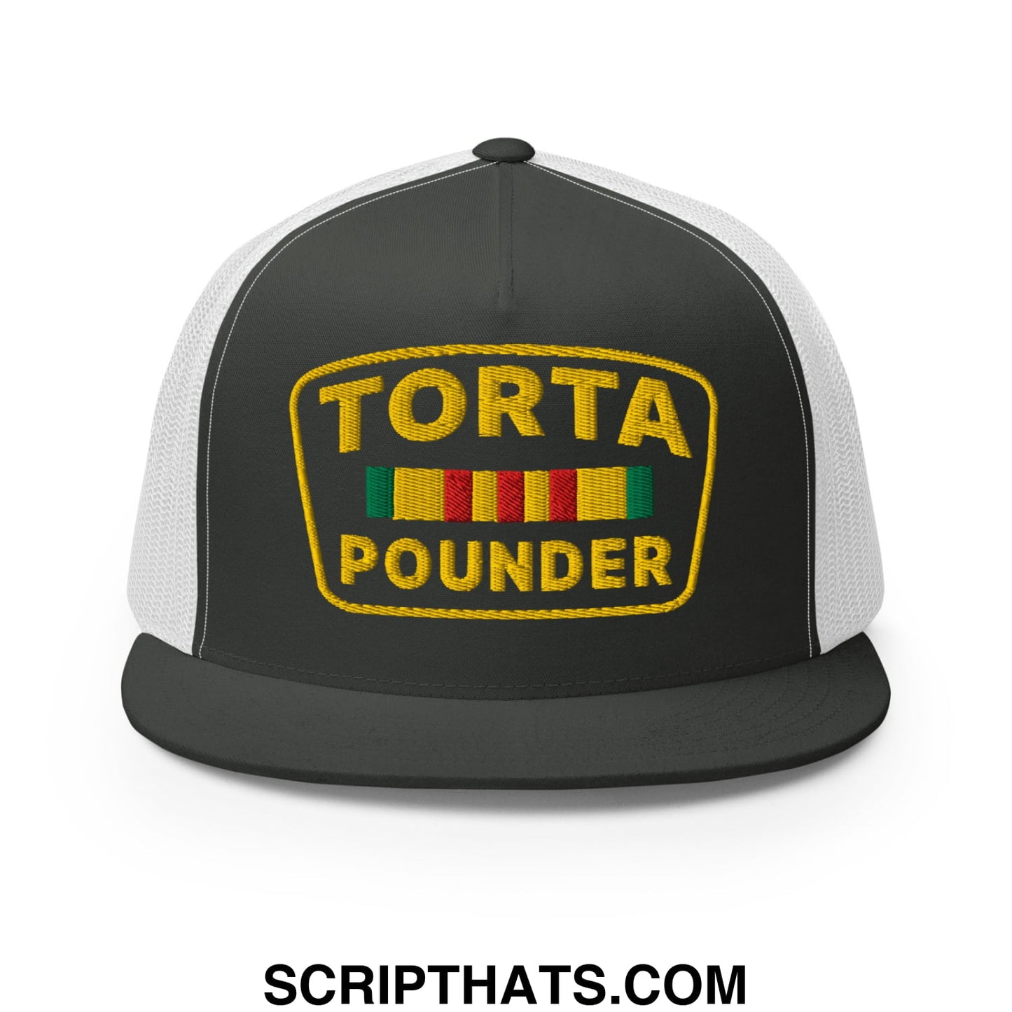 Torta Pounder Embroidered Flat Bill Brim Mesh Trucker Hat Charcoal White