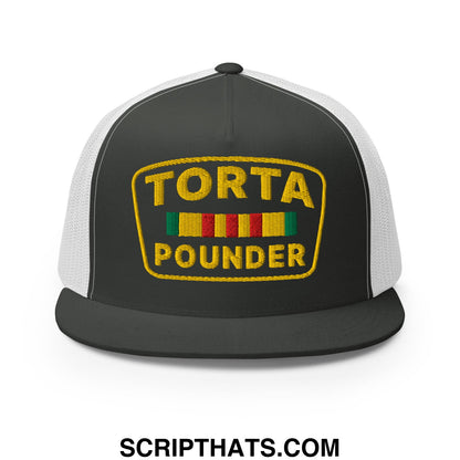 Torta Pounder Embroidered Flat Bill Brim Mesh Trucker Hat Charcoal White