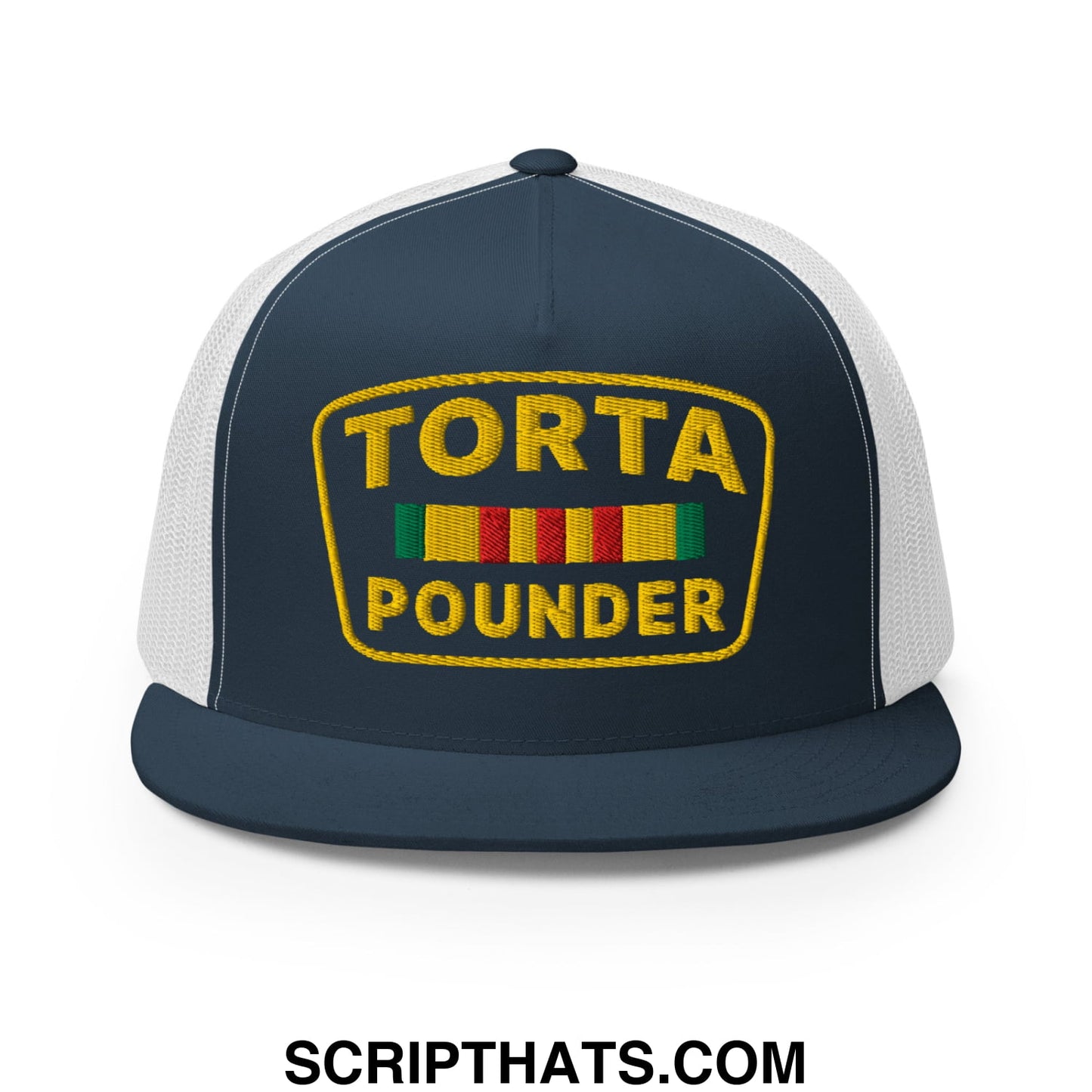 Torta Pounder Embroidered Flat Bill Brim Mesh Trucker Hat Navy White