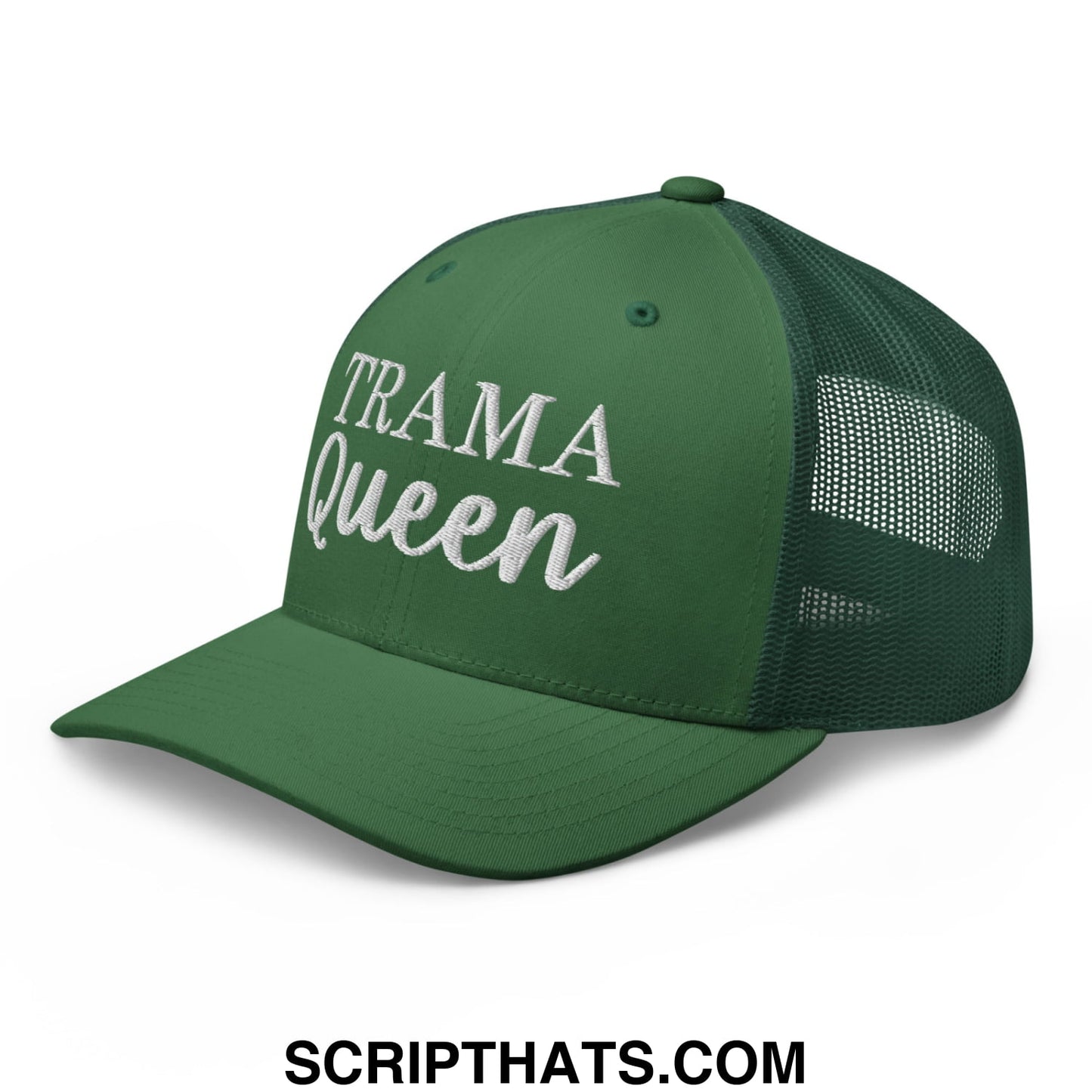 Green mesh trucker hat with white embroidered trama queen text featuring breathable design