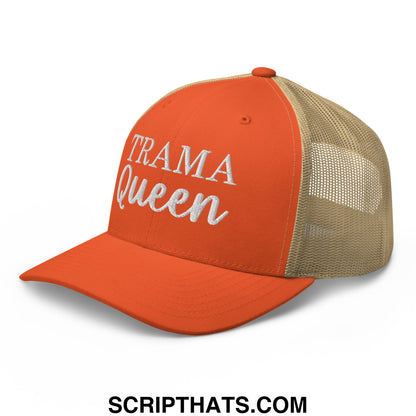 Orange and beige mesh trucker hat with white embroidered trama queen text showcasing casual style and breathable material