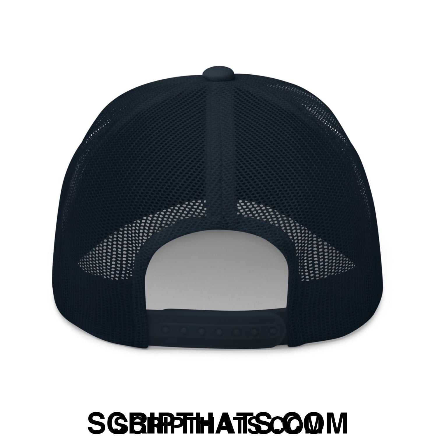 Black mesh trucker hat with solid back panel and adjustable strap shown from the back in trama queen embroidery style