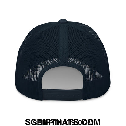 Black mesh trucker hat with solid back panel and adjustable strap shown from the back in trama queen embroidery style