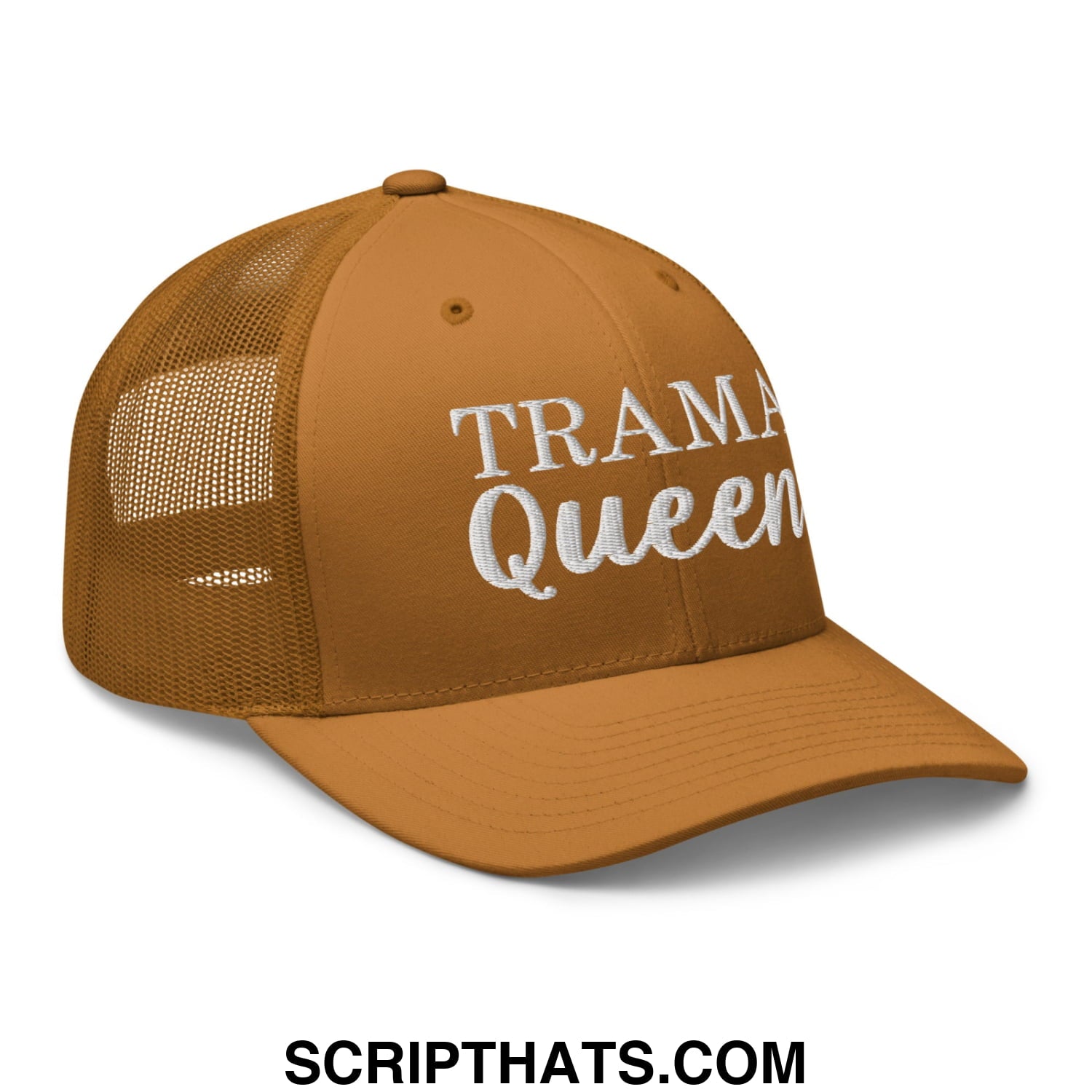 Tan mesh trucker hat with white embroidered trama queen text on front for casual wear