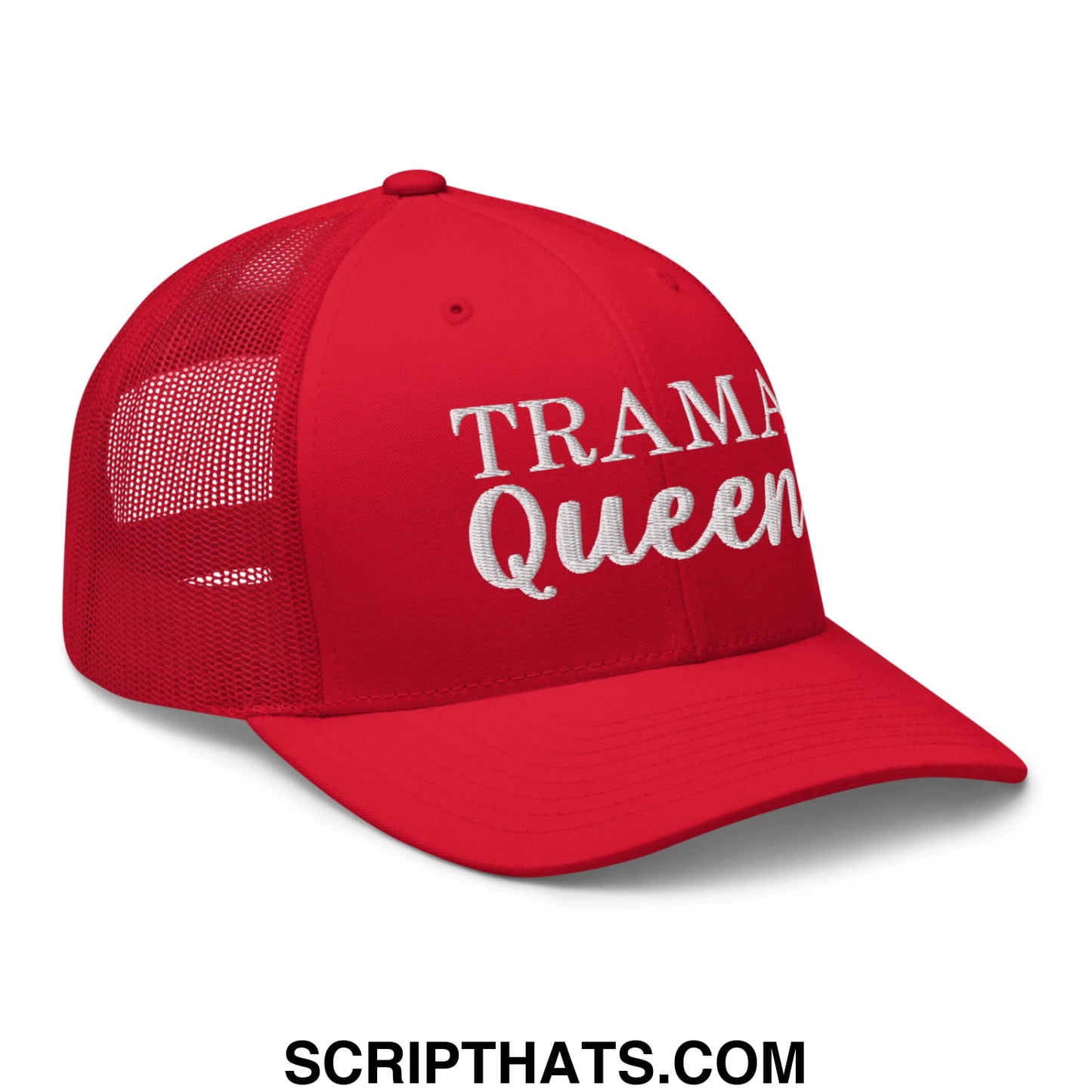 Red embroidered mesh trucker hat with trama queen text in white on the front panel