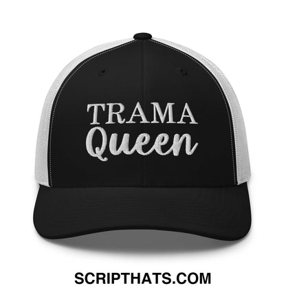 Black and white mesh trucker hat with trama queen embroidered in silver thread on front panel