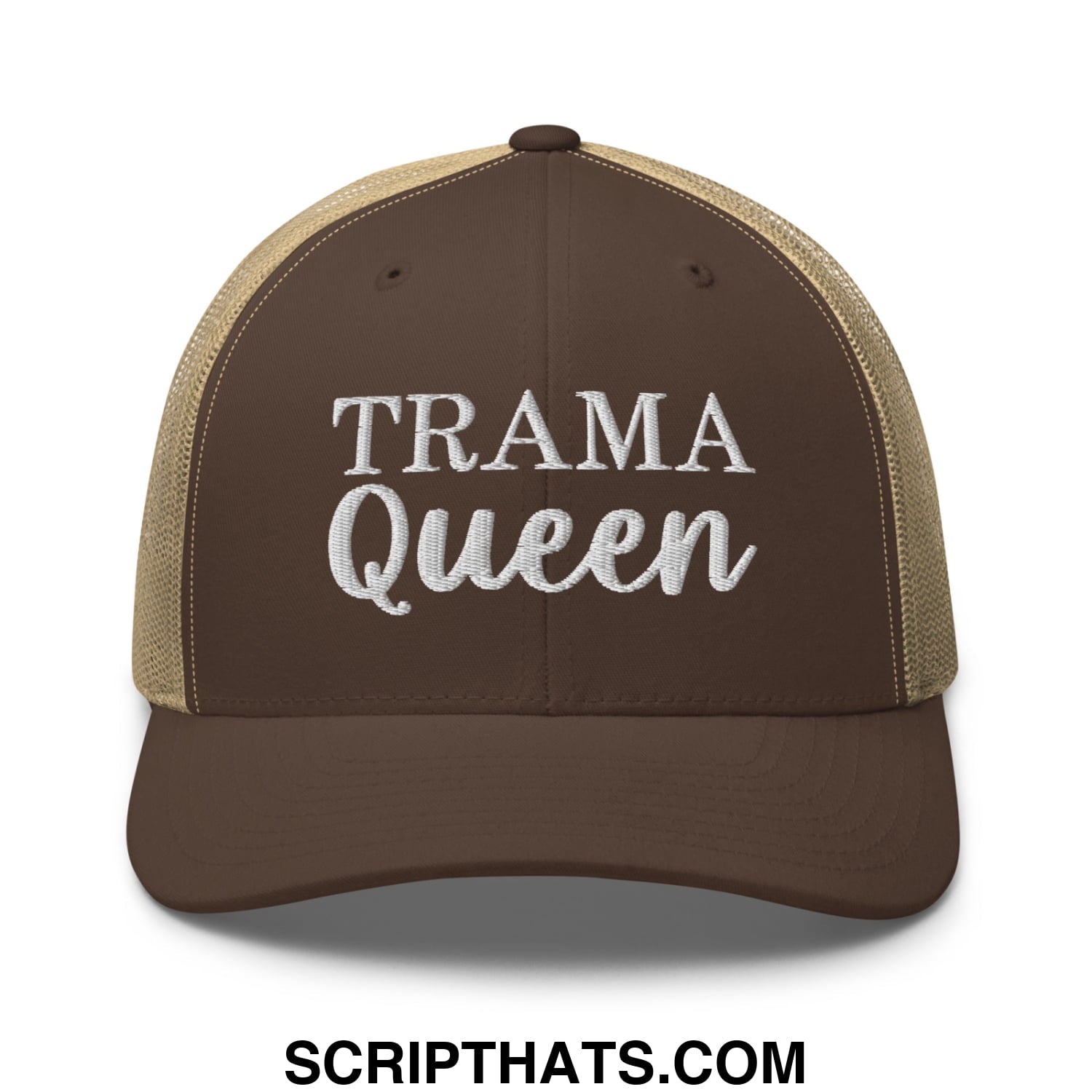 Brown and tan mesh trucker hat with white embroidered trama queen text front view