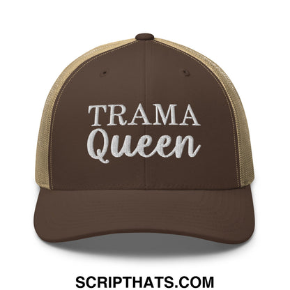 Brown and tan mesh trucker hat with white embroidered trama queen text front view
