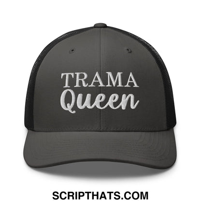 Dark gray mesh trucker hat with white embroidered trama queen text front for casual wear