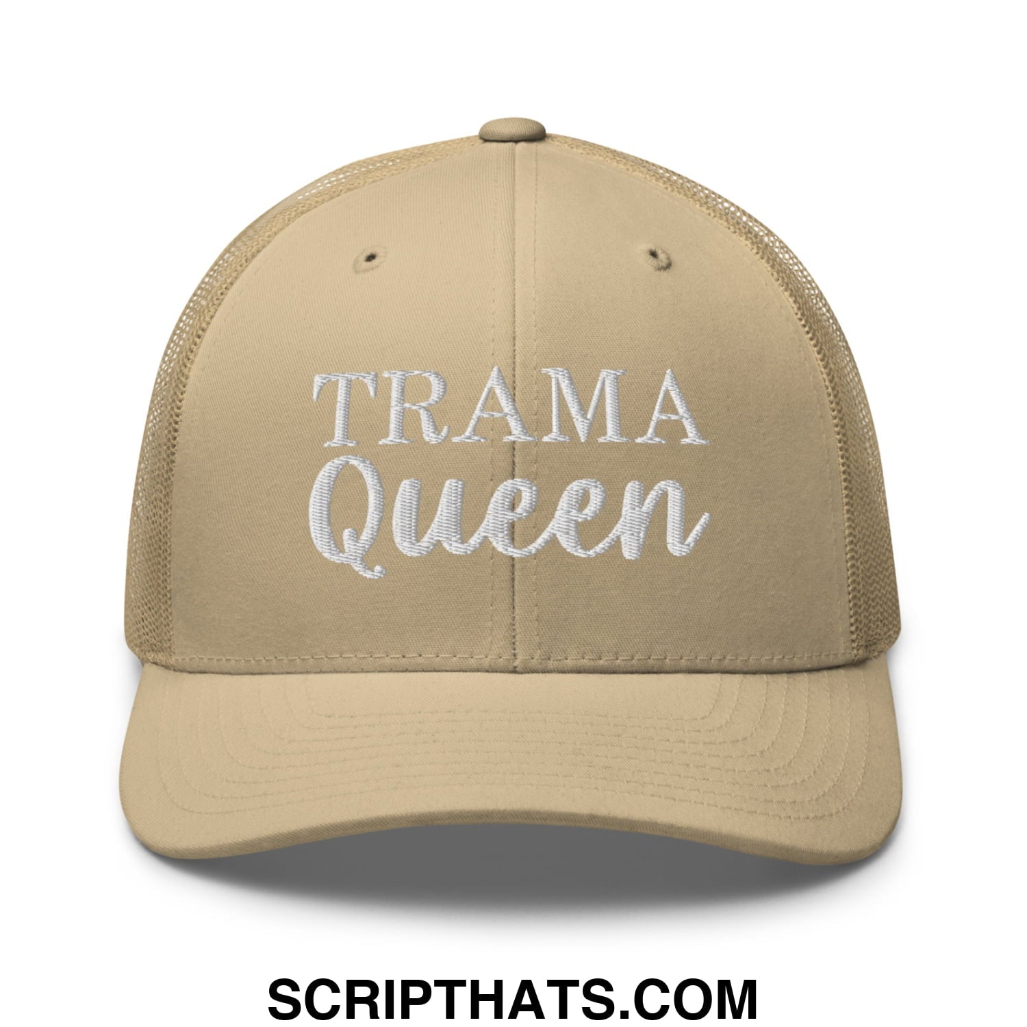 Beige mesh trucker hat with white embroidered trama queen text featuring breathable mesh back panel