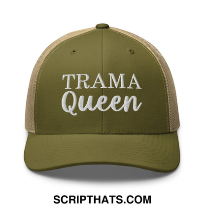 Olive green and beige mesh trucker hat with white embroidered trama queen text and breathable design