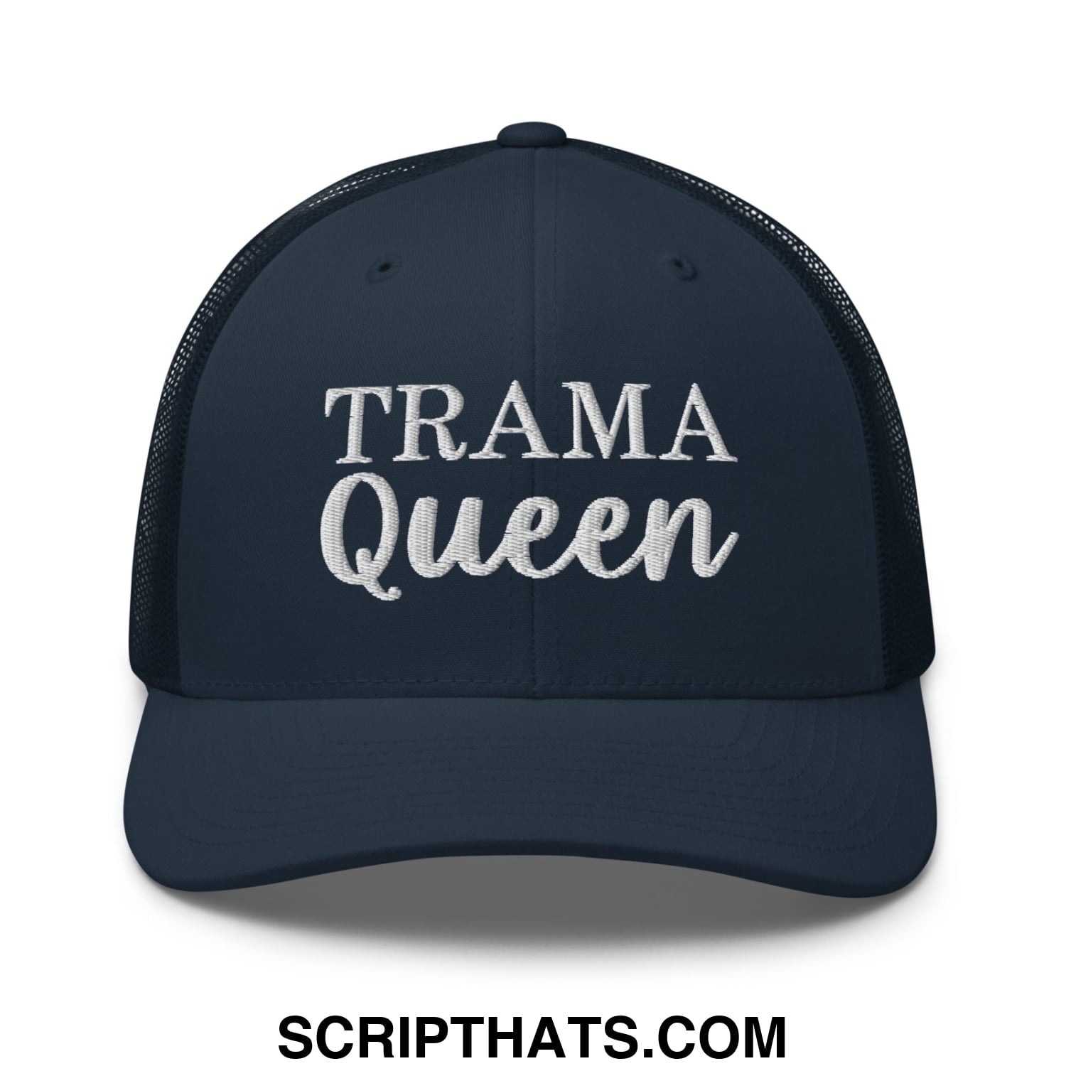 Dark navy mesh trucker hat with white embroidered trama queen text on front panel