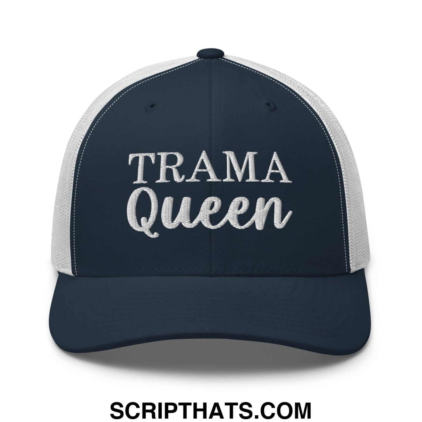Navy blue and white mesh trucker hat embroidered with silver trama queen lettering on the front panel