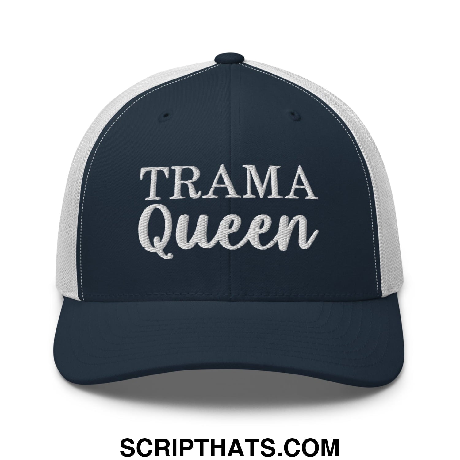 Navy blue and white mesh trucker hat embroidered with silver trama queen lettering on the front panel
