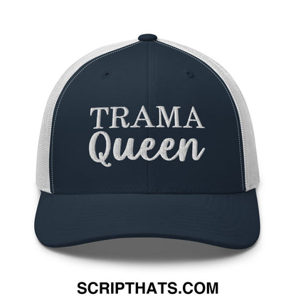 Navy blue and white mesh trucker hat embroidered with silver trama queen lettering on the front panel