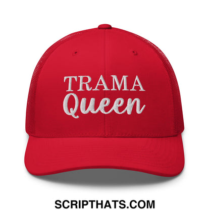 Red mesh trucker hat with white embroidered trama queen text in script font showcasing the front design