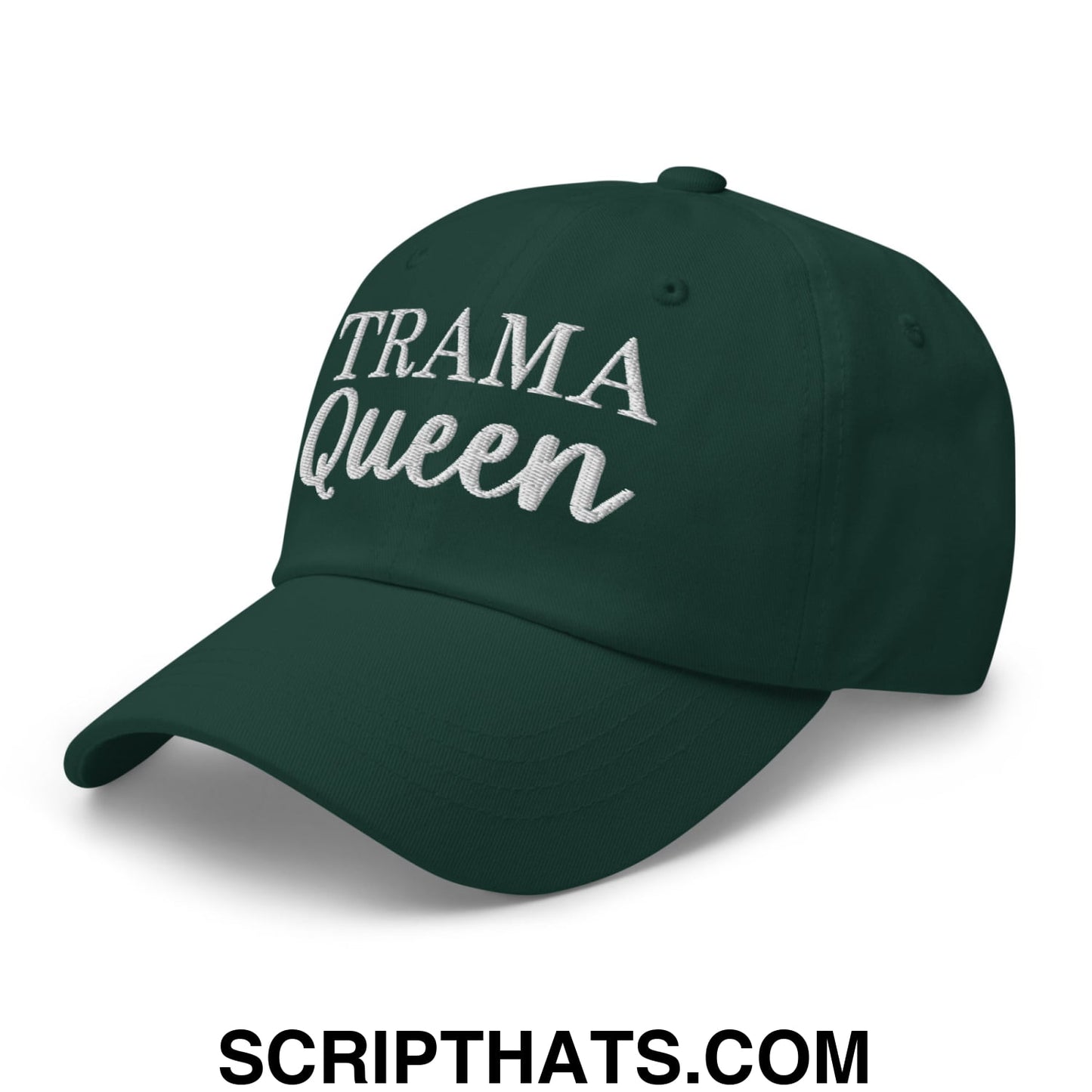 Dark green unstructured dad hat embroidered with trama queen in white thread for casual wear