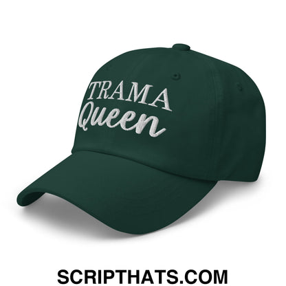 Dark green unstructured dad hat embroidered with trama queen in white thread for casual wear