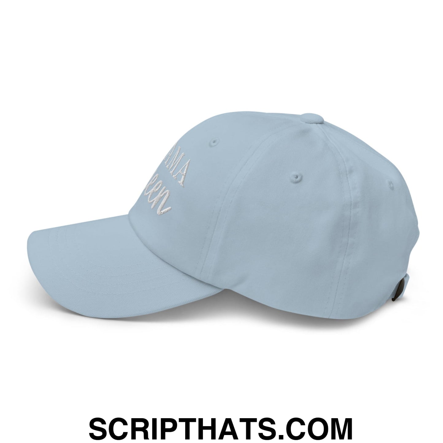 Light blue unstructured dad hat with white embroidered script lettering in the Trama Queen design