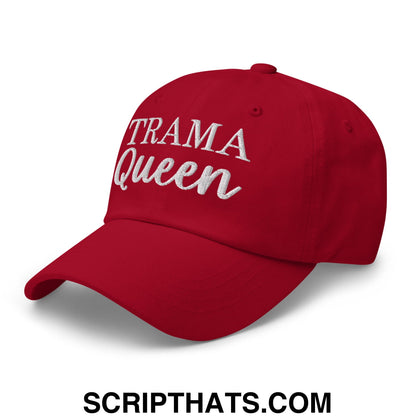 A vibrant red unstructured dad hat featuring trama queen embroidered in white glittery thread