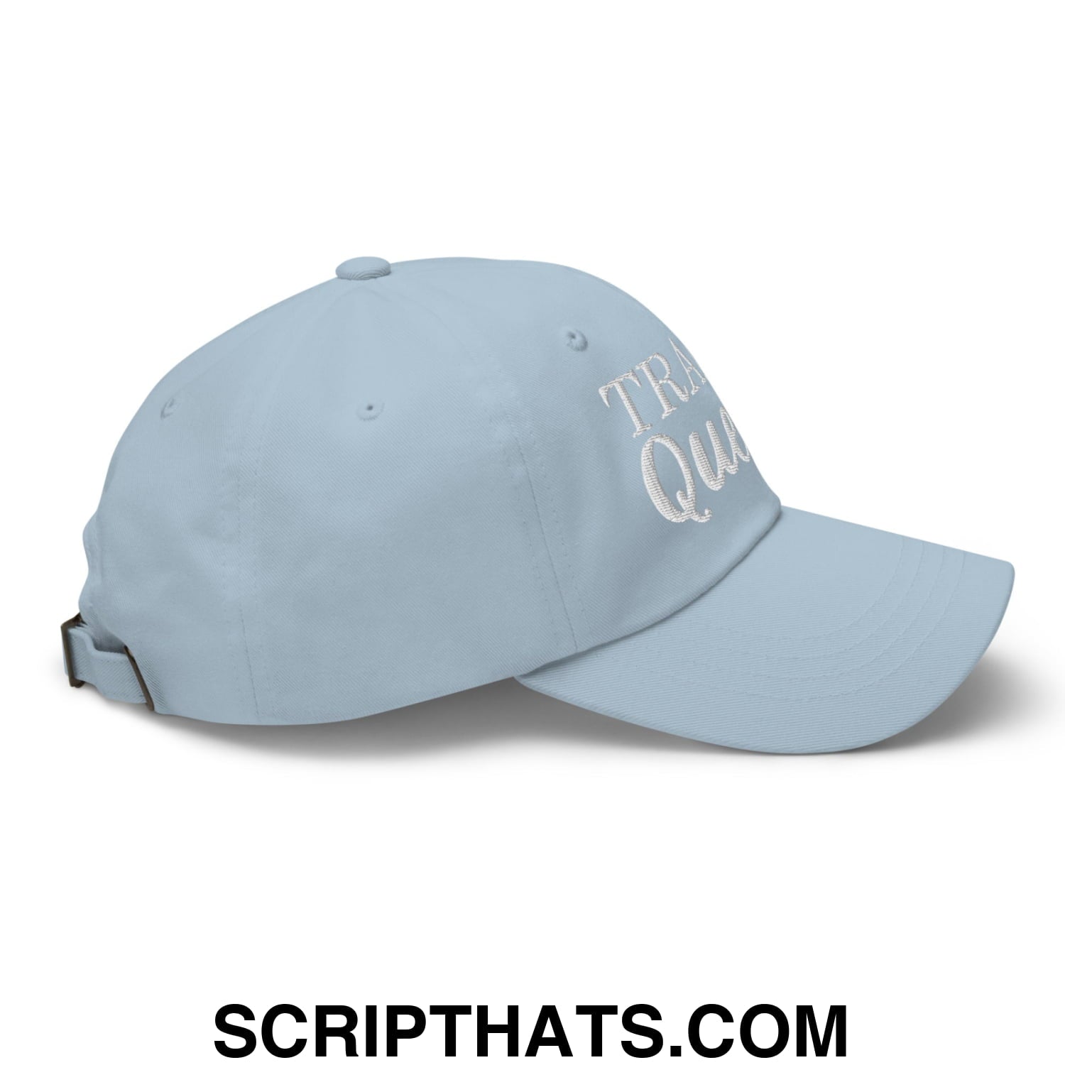 Light blue embroidered unstructured dad hat with white travel queen script on the front for casual wear