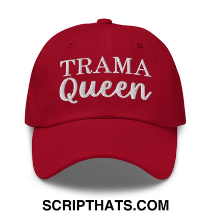 Red unstructured dad hat with white embroidered trama queen text in bold uppercase and flowing cursive script