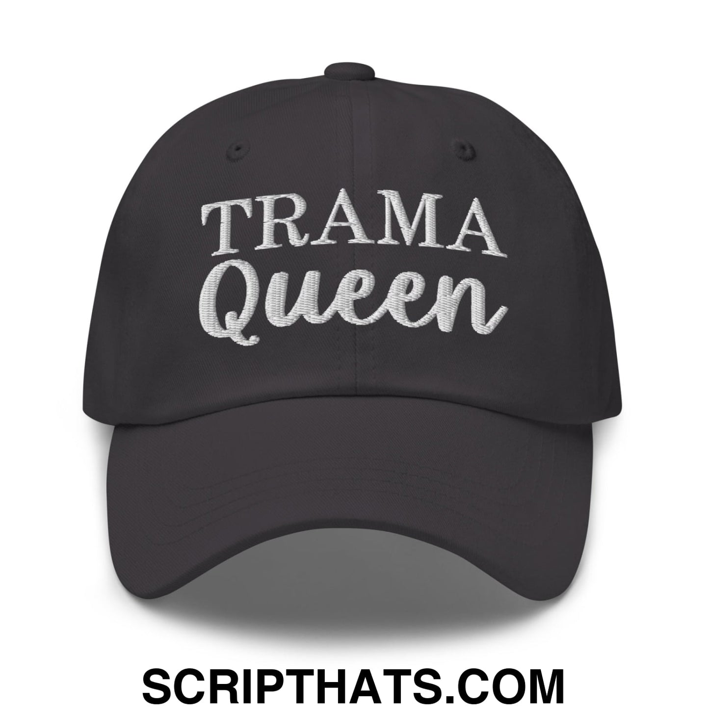 Black unstructured dad hat with trama queen embroidered in white thread on the front for casual wear