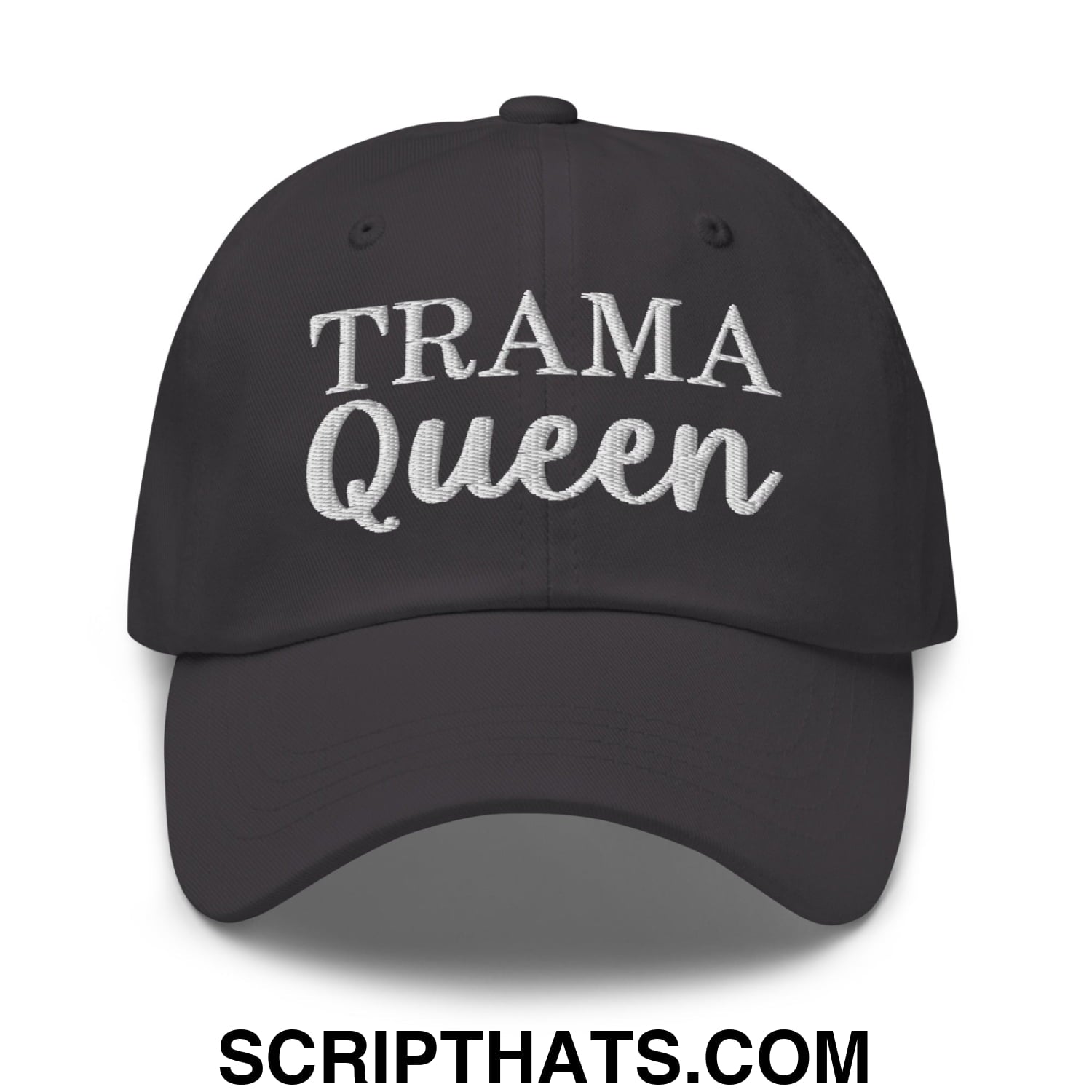 Black unstructured dad hat with trama queen embroidered in white thread on the front for casual wear