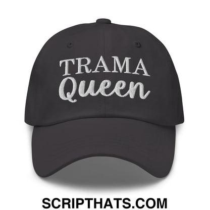 Black unstructured dad hat with trama queen embroidered in white thread on the front for casual wear