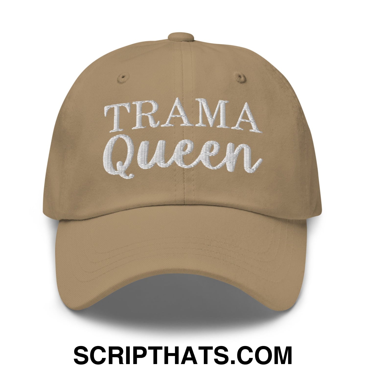 Tan embroidered trama queen unstructured dad hat with white text in block and cursive script