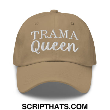 Tan embroidered trama queen unstructured dad hat with white text in block and cursive script
