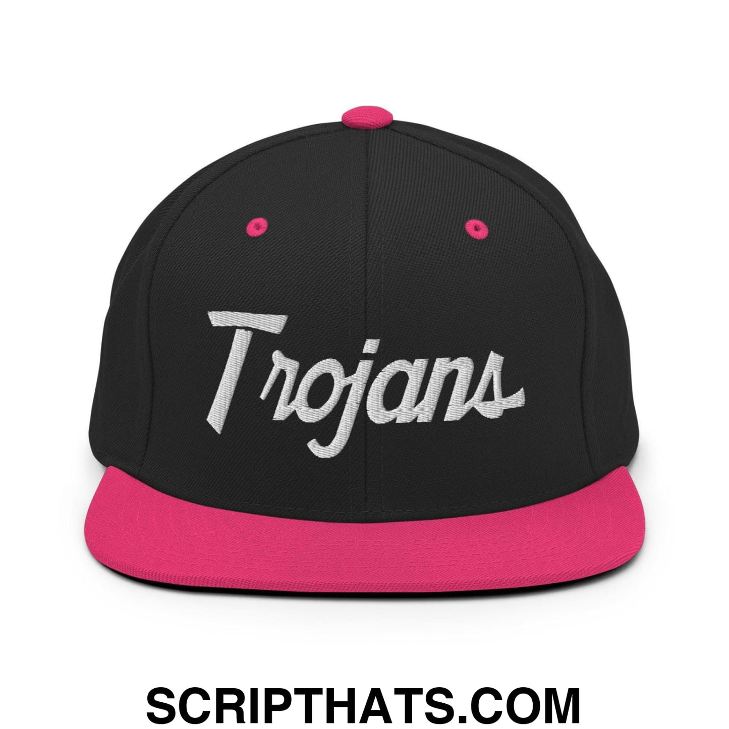 Trojans School Mascot Script Snapback Hat Black Neon Pink