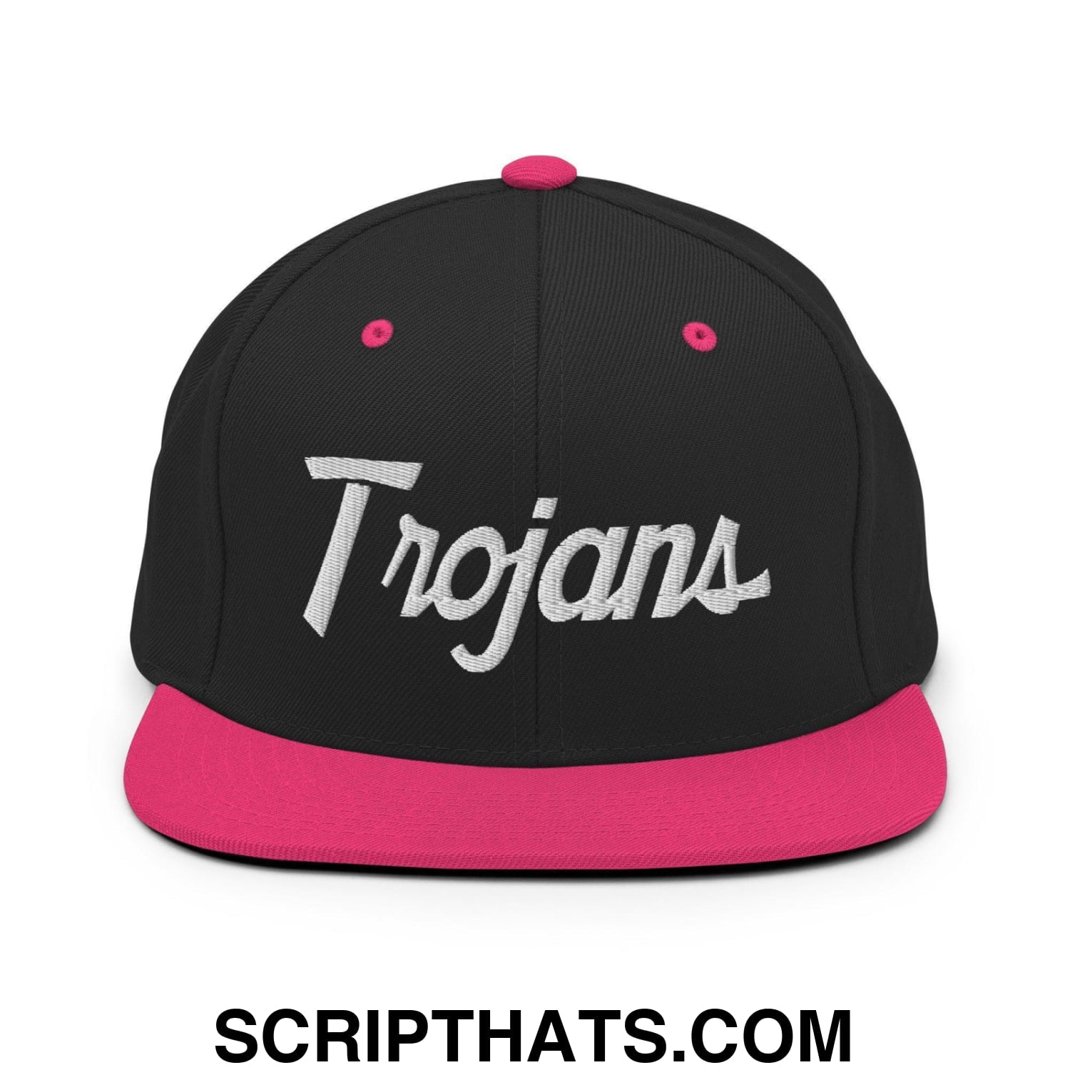 Trojans School Mascot Script Snapback Hat Black Neon Pink