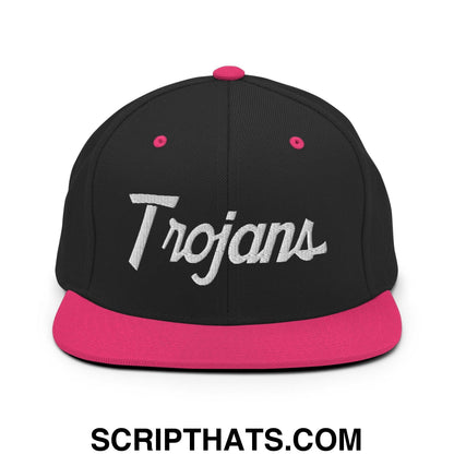 Trojans School Mascot Script Snapback Hat Black Neon Pink
