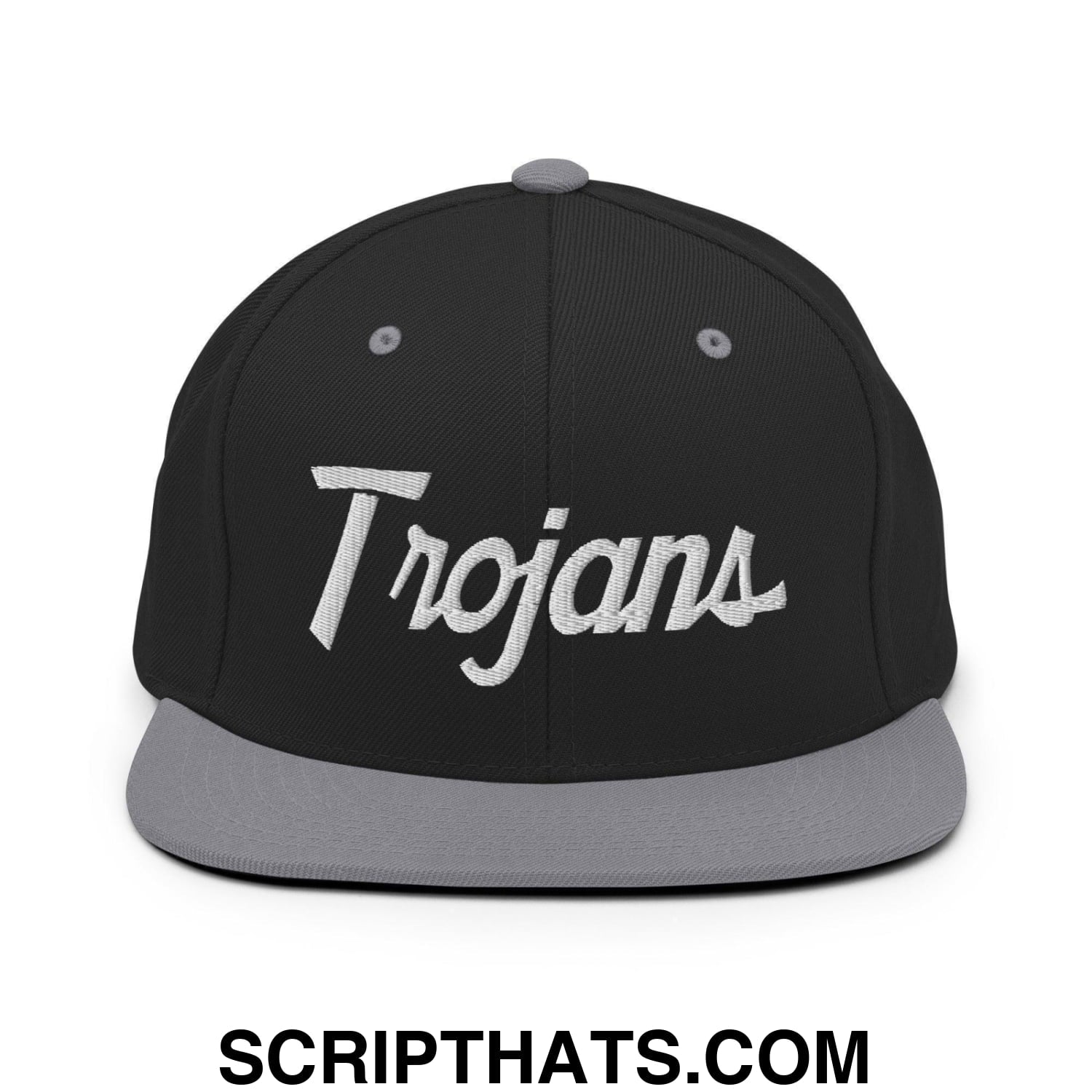 Trojans School Mascot Script Snapback Hat Black Silver